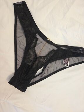 Victoria's Secret Black Lace Mesh Brazilian Panty With Gold Chain Detail